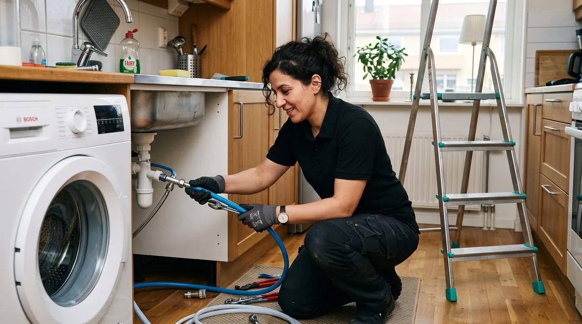 Sara Bergqvist, TaskRunner-Runner, installerar en tvättmaskin
