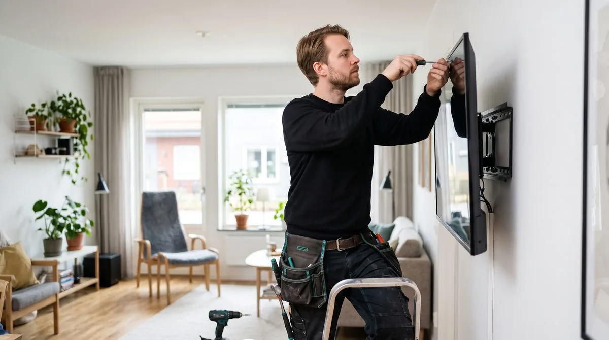 Viktor Holm, TaskRunner-Runner, monterar en TV på väggen